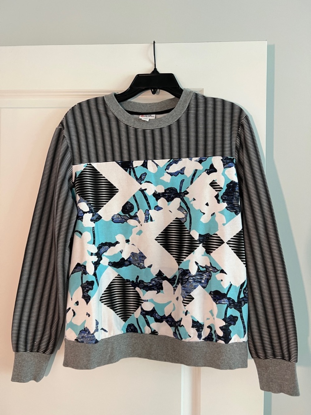 Men's Grey Striped and Blue Graphic Pullover Sweater